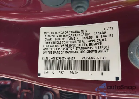 2012 Honda Civic Lx из США, поврежденный, VIN 2HGFB2F52CH536520